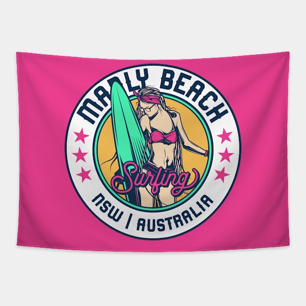 Retro Surfer Babe Badge Manly Beach NSW New South Wales Australia Tapestry by Now Boarding