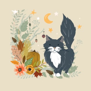 Autumn Garden Moonlit Kitty Cat T-Shirt