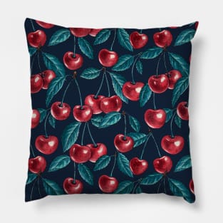 Red cherries on dark blue Pillow