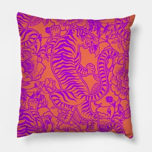 Chinese Tiger Vintage Pattern Hot Pink with Orange - Retro Hong Kong Print Pillow