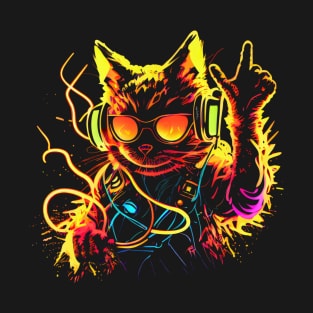 Cat DJ Decks 80's 90's Retro Neon Clubbers Rave Party T-Shirt