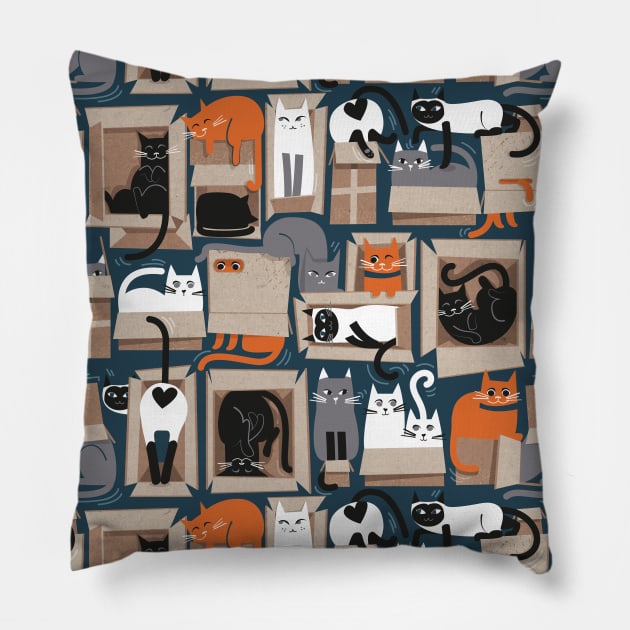 Purfect feline architecture // teal background cute cats in cardboard boxes Pillow by SelmaCardoso