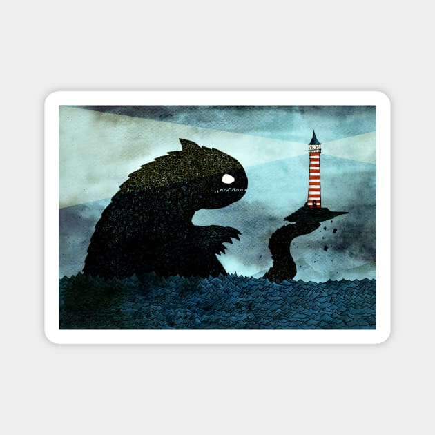 Sea Monster & Lighthouse Magnet by djrbennett