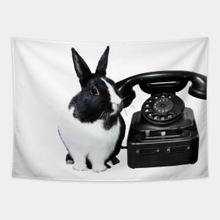 Old Black Rotary Phone Black and white Rabbit Tapestry