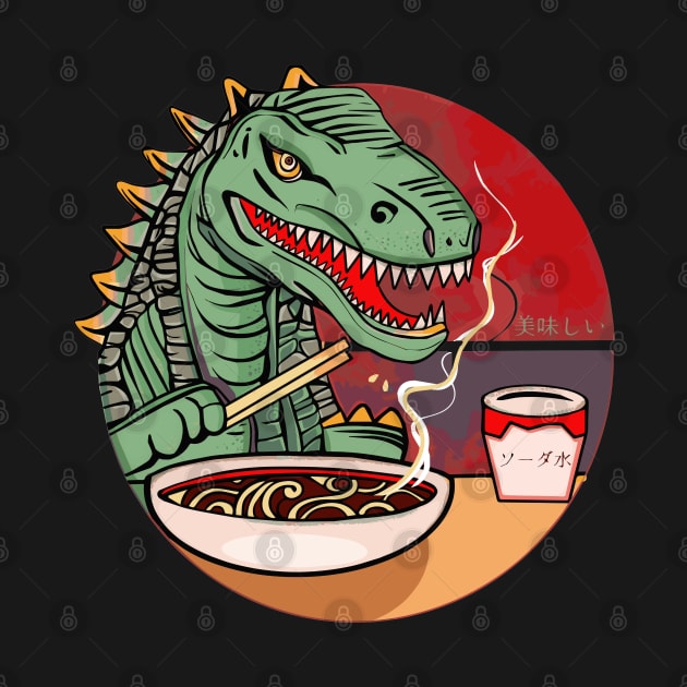 Dinosaur eating hot ramen noodles by jen28