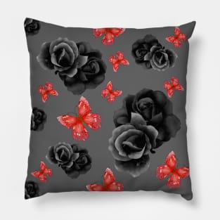 Red Butterflies and Black Roses w/ gray background Pillow