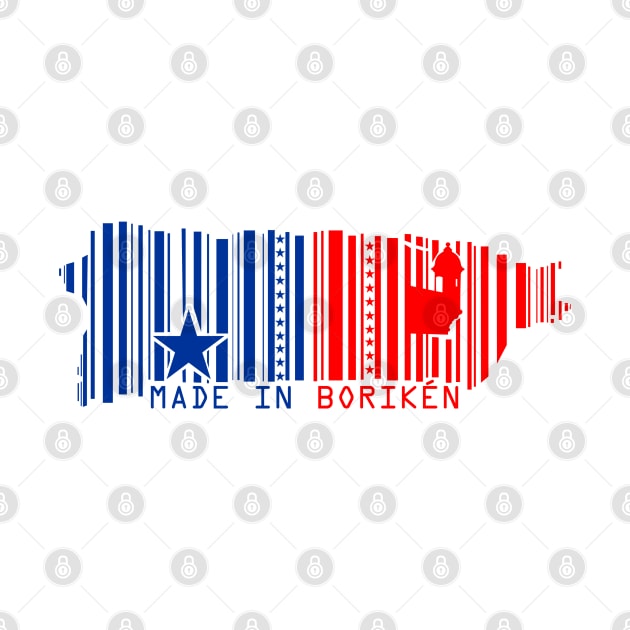 Puerto Rico Map Made in Boriken Flag Colors Barcode Design by bydarling