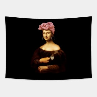 Lady Mona Lisa Drinking Coffee Tapestry