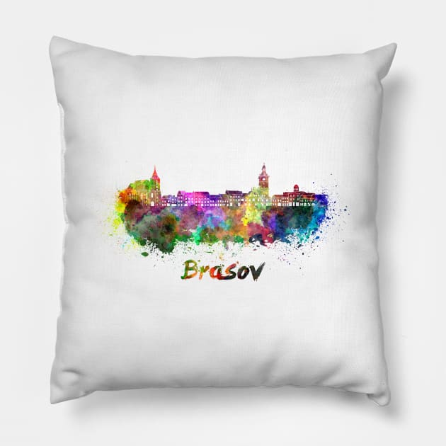 Brasov skyline in watercolor Pillow by PaulrommerArt