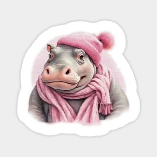 Adorable cute Hippo wearing a pink hat and scarf Magnet