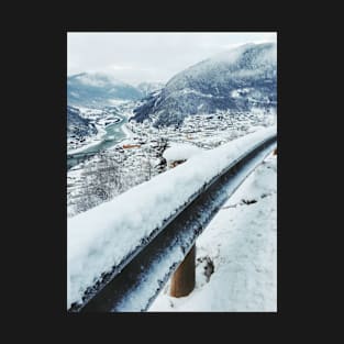 Scandinavian Winter - Fresh-Fallen Snow on Guardrail With White Valley in Background T-Shirt