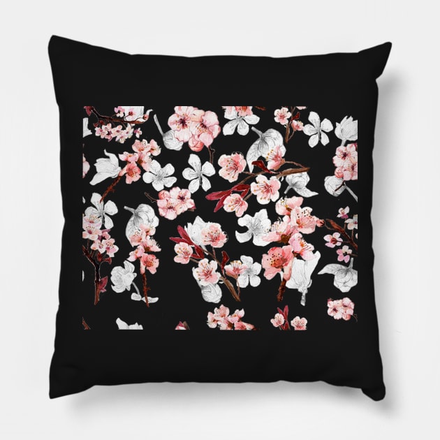 Hand painted cherry blossom pattern design Pillow by Ellunardegloria