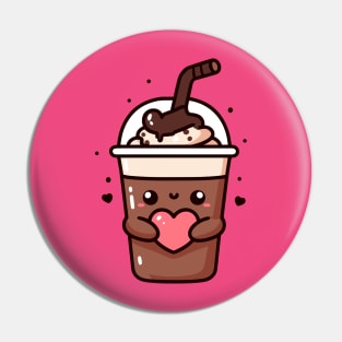 Cute Hot Chocolate Milkshake Holding a Heart in Kawaii Style | Kawaii Food Lovers Pin