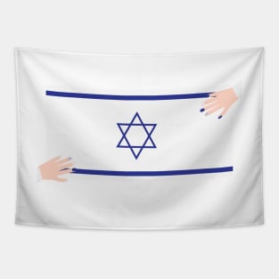 Two hands with blue and white nail polish on Israel flag Tapestry