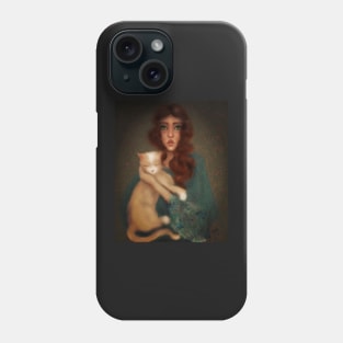 Vintage photo turned into lowbrow manga style digital art of young witchy aesthetic woman holding ginger cat Phone Case