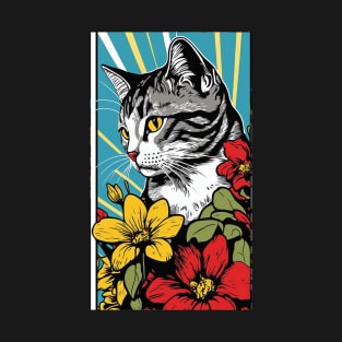 American Shorthair Cat Vibrant Tropical Flower Tall Retro Vintage Digital Pop Art Portrait 4 T-Shirt