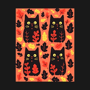 Cute Autumn Black Cat Halloween Design. Orange and vibrant T-Shirt