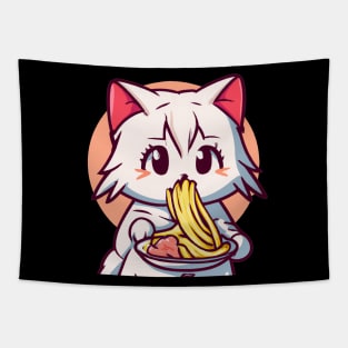 Cat Eating Spaghetti Adorable Anime Kitten Tapestry