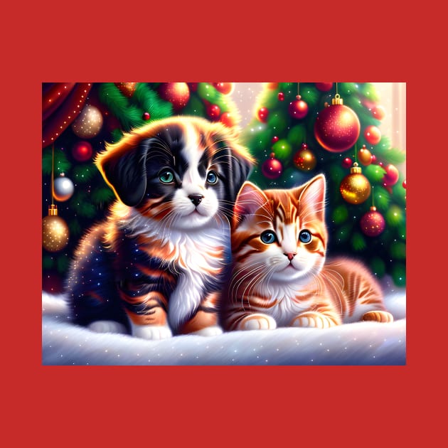 Cute puppy and cat under Christmas tree by MarionsArt