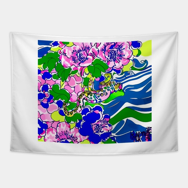 Modern, colorful chinoiserie cherry blossom Tapestry by SophieClimaArt