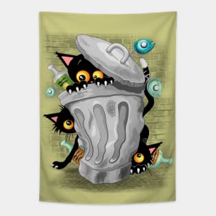 Cats Naughty Characters playing on Garbage Trash Bin Tapestry