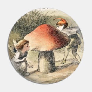 Fairy and Elf Play Hide and Seek Behind a Mushroom Pin