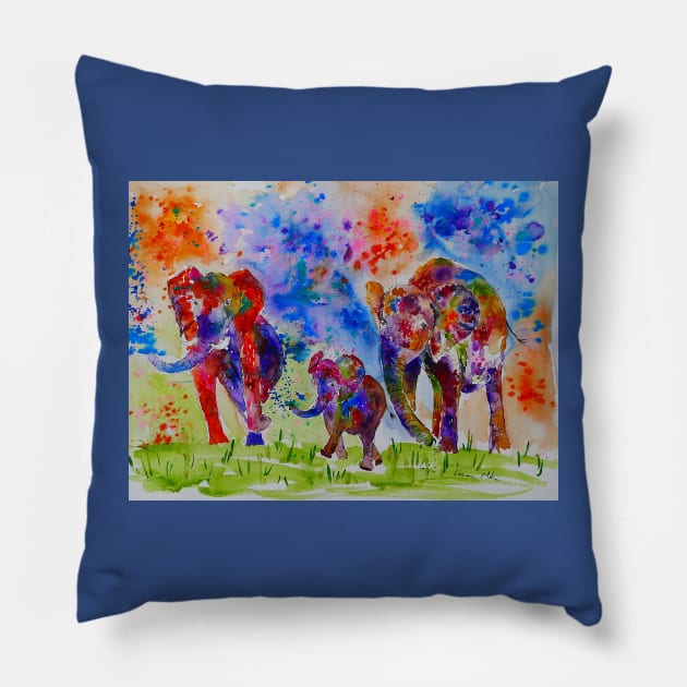 Colourful Elephant Family Pillow by Casimirasquirkyart