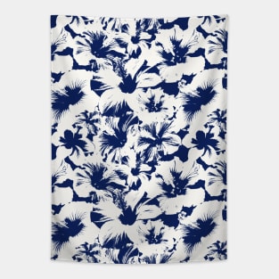 Hibiscus Flowers Tropical Blue and White Pattern Tapestry