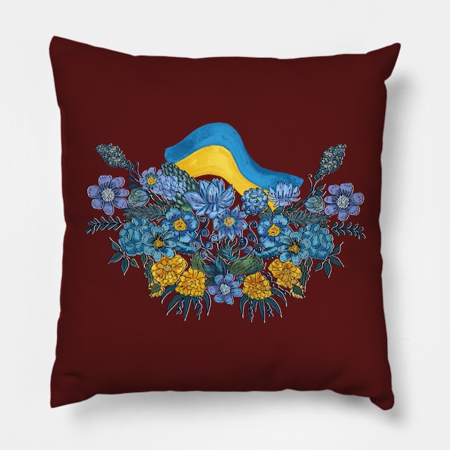 Ukrainian blue-yellow flowers Pillow by Mariia Tsymbala