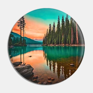 Serene Redwood Tree Forest and Lake Sunset Pin