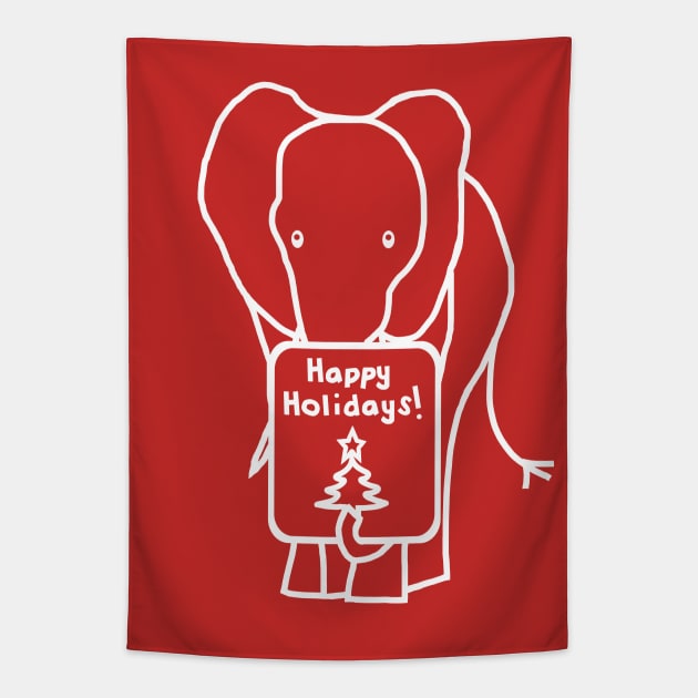 Minimal White Line Christmas Elephant says Happy Holidays Tapestry by ellenhenryart