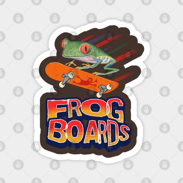 Cute and funny red eyed tree frog using a frog board to fly with leaping from skateboards tee Magnet by Danny Gordon Art