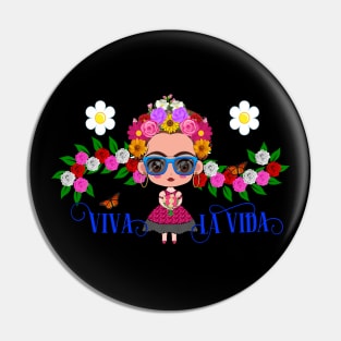 Frida Kahlo cartoon T-shirt - cute frida with blue sunglasses Pin