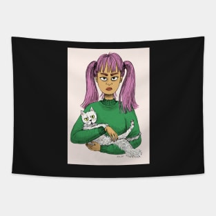 Pink Haired Girl with White Cat Tapestry
