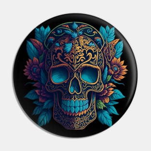 Blossoming Shadows: Black and Gold Sugar Skull Art with Floral Intricacy Pin