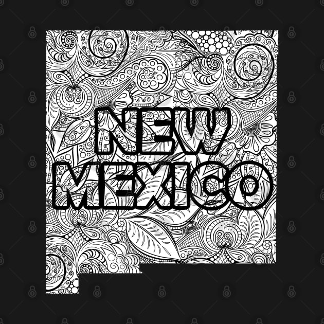 Mandala art map of New Mexico with text in white by Happy Citizen