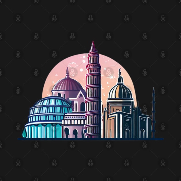 Designs that depict iconic and beautiful buildings from various parts of the world, such as the Eiffel tower, the Taj Mahal, the Colosseum or the Tower of Pisa. by maricetak