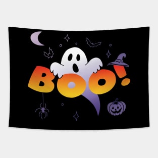 Spooky and Cute Halloween Ghost behind Boo Text Tapestry