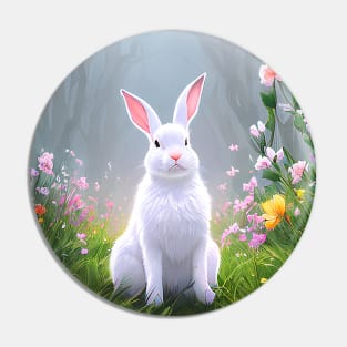 Fluffy white bunny rabbit in the woods with wildflowers Pin