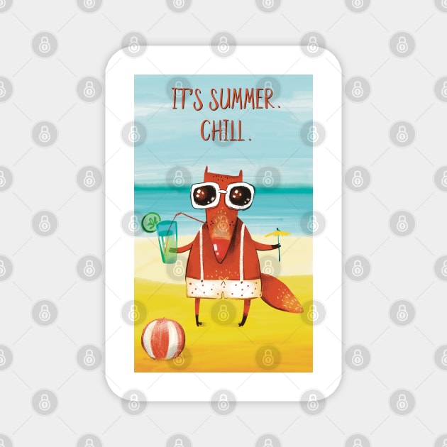 It’s summer. Chill. The red fox chillin on the beach Magnet by marina63