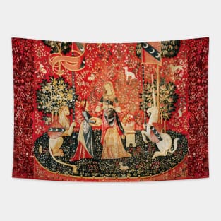 LADY AND UNICORN ,SMELL ,Lion,Fantasy Flowers,Animals Red Green Floral Tapestry