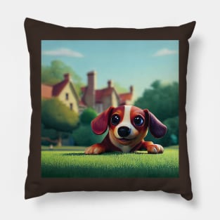 Brown and white Sausage Dog playing in the garden Pillow