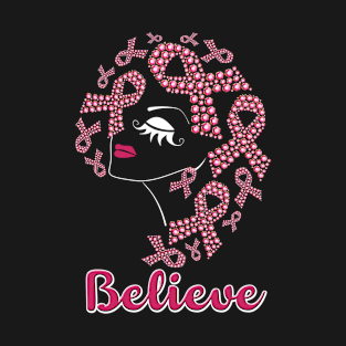 Pink Hair Bling Ribbon Believe Breast Cancer T-Shirt