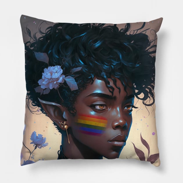 Cute LGBT+ Anime Black Floral Prince Pillow by GothicDesigns