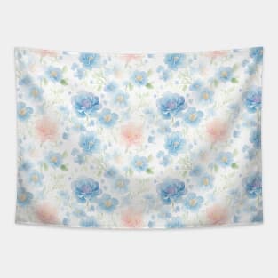 Watercolor Peachy and Light Blue Roses Flower Art Tapestry