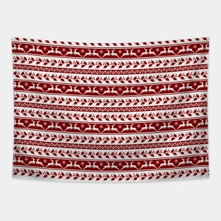 Dark Christmas Candy Apple Red Nordic Reindeer Stripe in White Tapestry