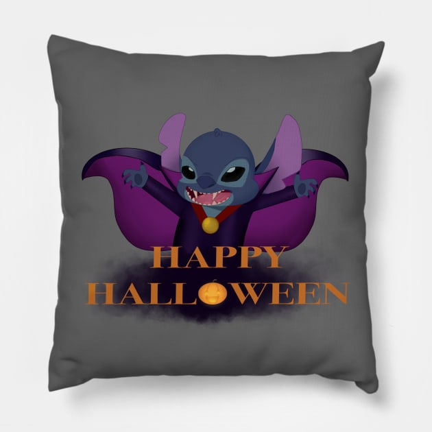 Blue Vampire Alien Happy Halloween Pillow by talkaboutthemagic