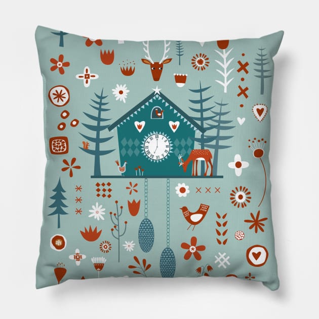 Cuckoo Clock Scandinavian Forest Art Pillow by NicSquirrell