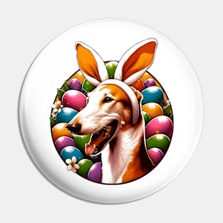 Ibizan Hound Celebrates Easter with Bunny Ears and Joy Pin