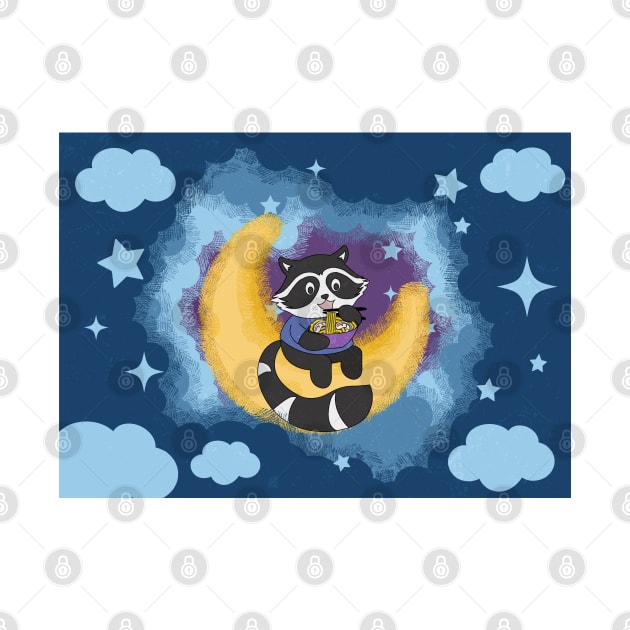 Raccoon eating noodle on the Moon illustration by LaartStudio